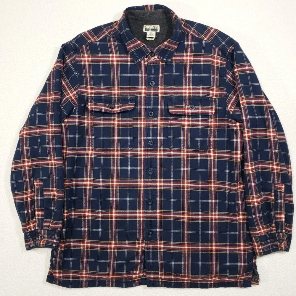 L.L. Bean Fleece Lined Flannel Shirt Jacket Mens Large Blue Red Plaid Shacket